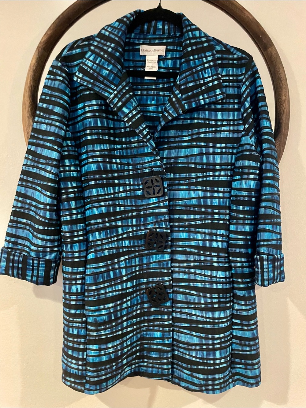 Drapers and Diamonds Blue & Black Striped Single-Breasted Trench Coat